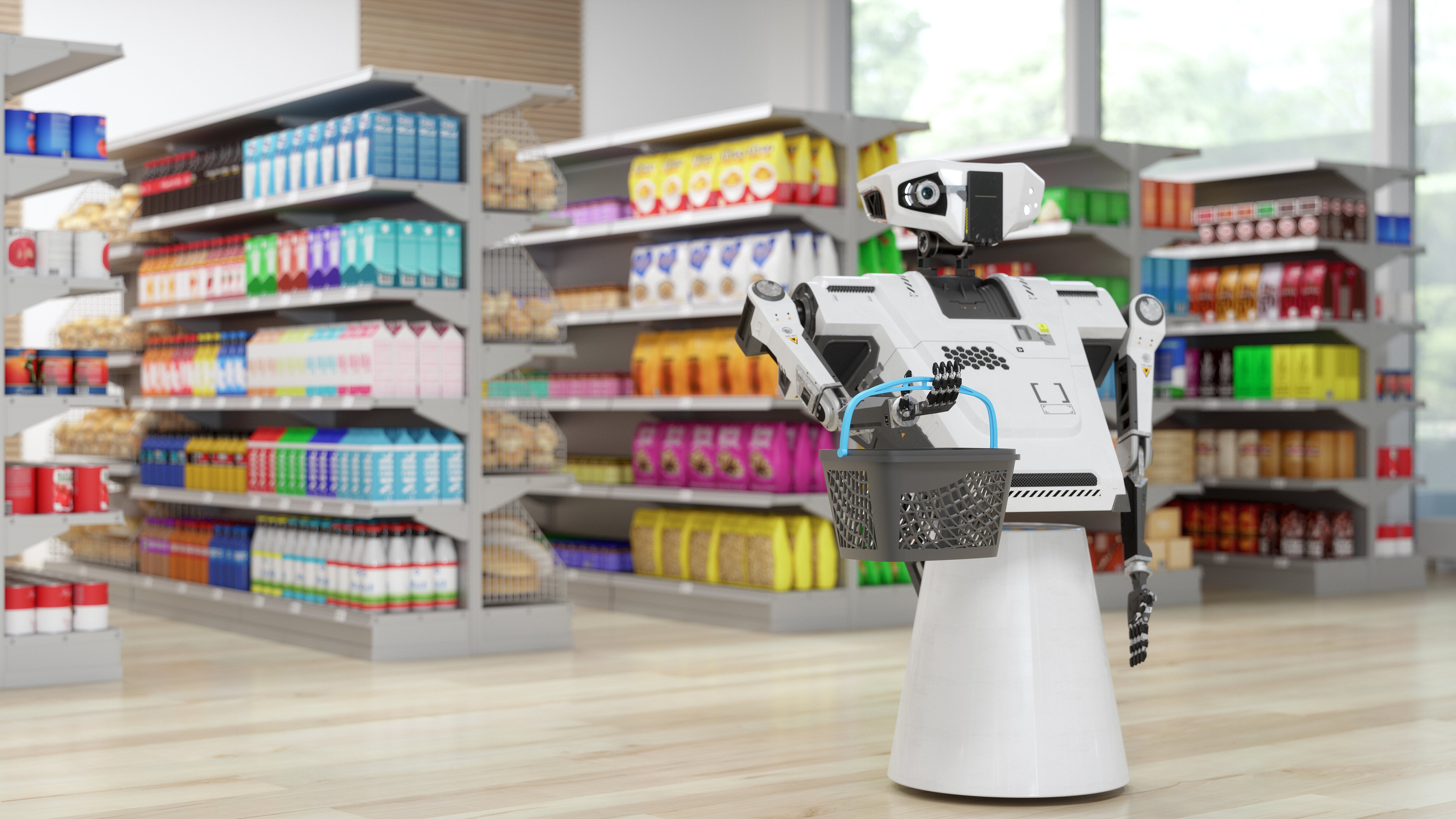 robot works in supermarkets as an attendant checking stock levels and price.